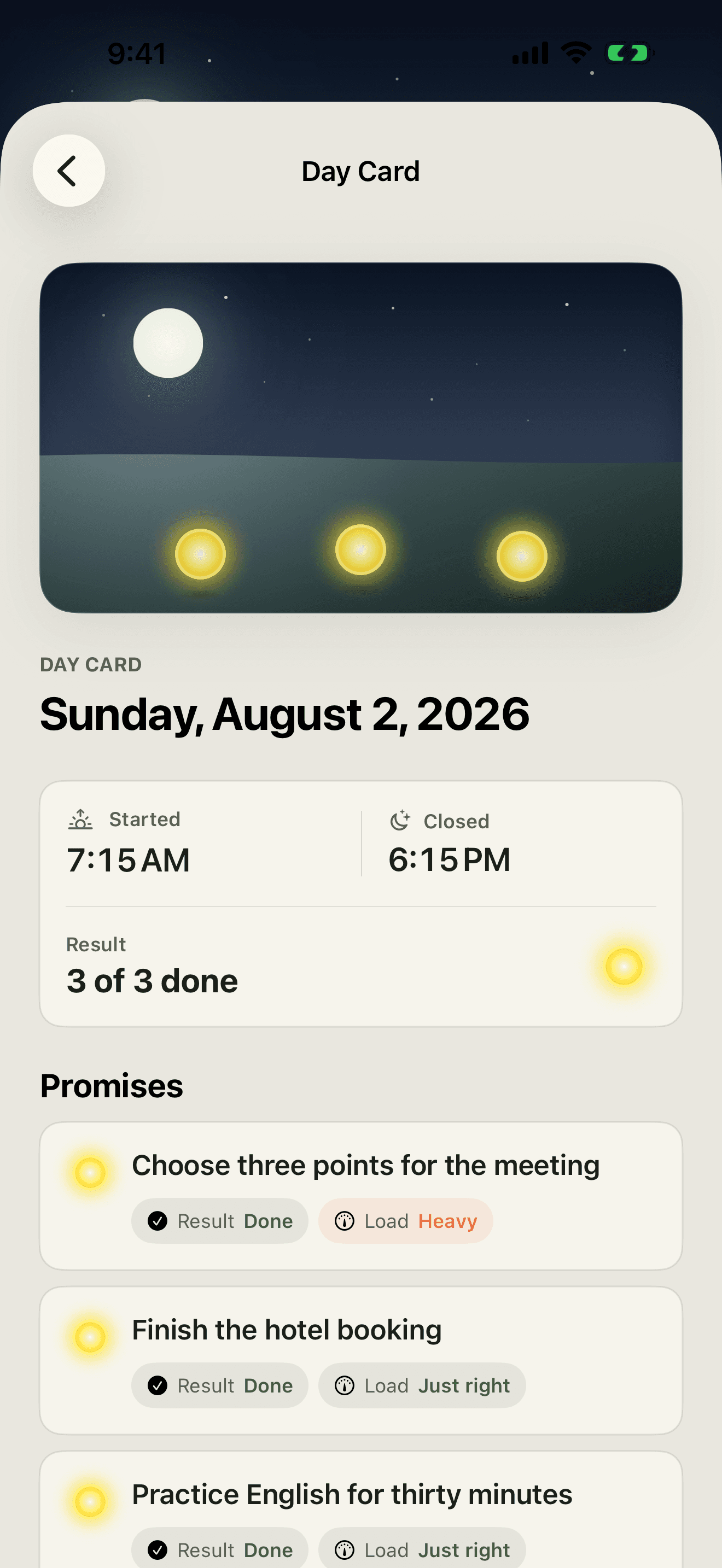 A completed DayRamp Day Card